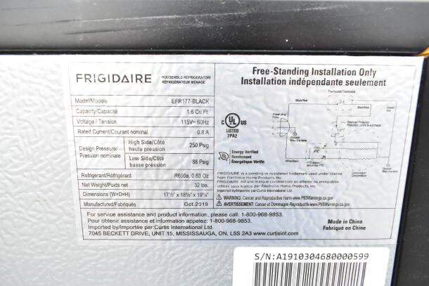 Frigidaire mini cooler label, model EFR177-BLACK, 1.6 cu ft, 115V, R600a refrigerant. Made in China, Oct 2019.
