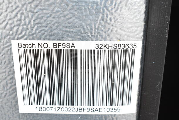 Batch number BF9SA barcode on a mini cooler. Includes Frigidaire, Haier, Hisense models, 120 volts, 1 phase.