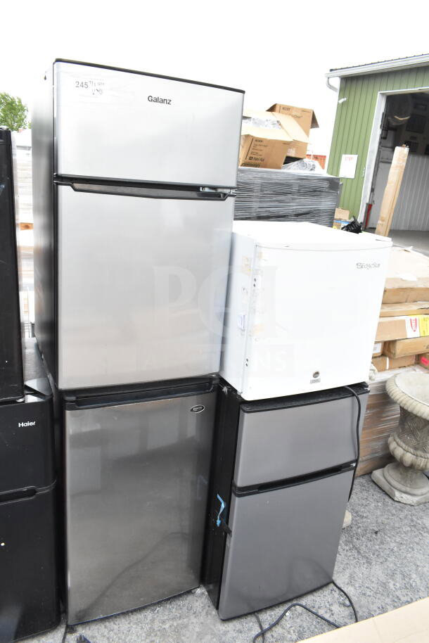 Four mini coolers including Galanz, Sanyo, and EdgeStar models, 120 volts, featuring varied designs and conditions.