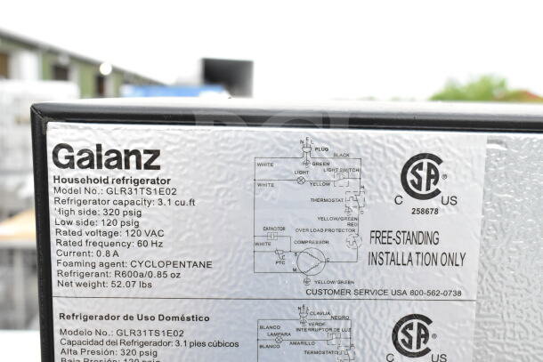 4 mini coolers: Galanz, Sanyo, EdgeStar. Galanz model GLR31TS1E02, 3.1 cu.ft, 120V, 1 phase. Free-standing only.