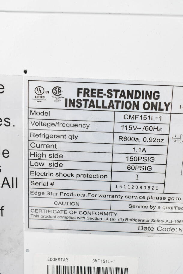 Label from EdgeStar mini cooler, model CMF151L-1, showing specs: 115V/60Hz, R600a refrigerant, 1.1A current.