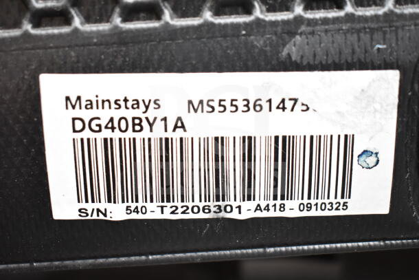 Label on mini cooler with text "Mainstays MS55361475, DG40BY1A" and barcode. Serial number: 540-T2206301-A418-0910325.