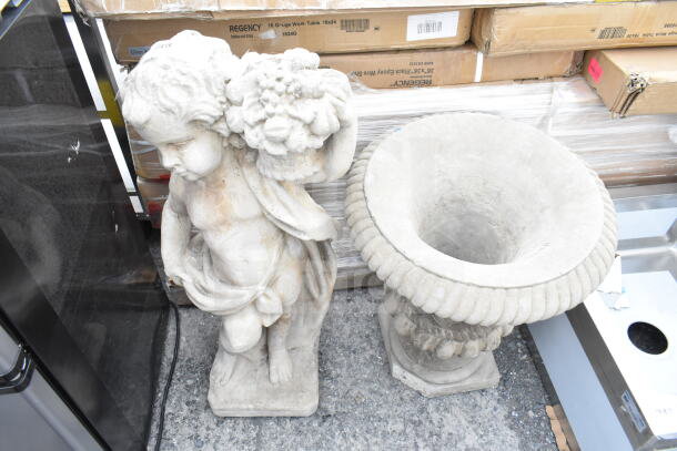 Stone statue of a child with bouquet and ornate stone vase; weathered finish, ideal for garden decor. Double your bid offer.