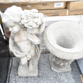 Stone statue of a child with bouquet and ornate stone vase; weathered finish, ideal for garden decor. Double your bid offer.