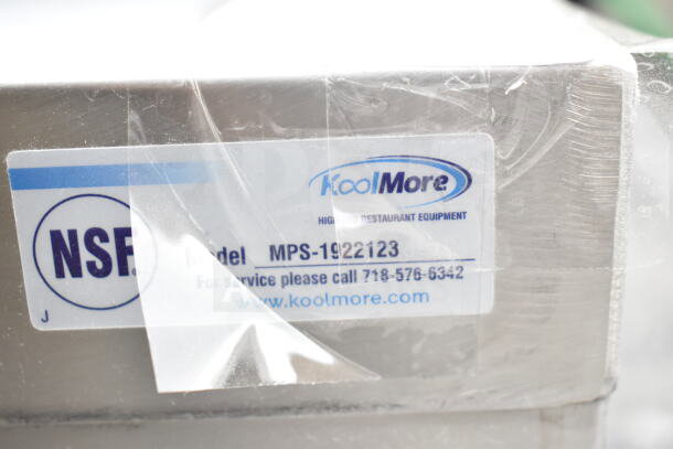 BRAND NEW KoolMore MPS-1922123 22" mop sink, stainless steel, floor mounted, with drain basket. NSF certified label visible.