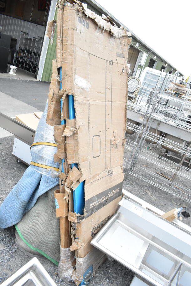 KoolMore KM-SWD30 commercial door, 30x84 inches, in damaged packaging. Aluminum with 9x14 inch window, new condition.