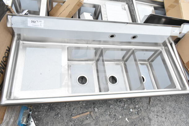 BRAND NEW SCRATCH AND DENT KoolMore SC121610-16L3 55" sink, 3 compartments, stainless steel, no legs, visible dents.