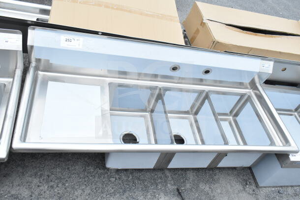 Brand new KoolMore SC121610-16L3 stainless steel 3-compartment sink, 55 inches, minor dents visible, NSF-certified.