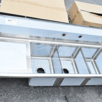 Brand new KoolMore SC121610-16L3 stainless steel 3-compartment sink, 55 inches, minor dents visible, NSF-certified.