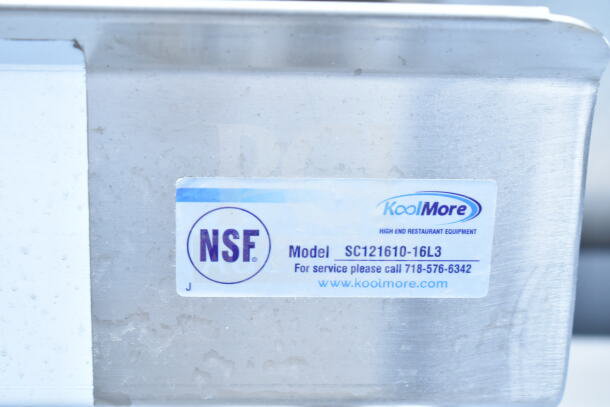 "BRAND NEW SCRATCH AND DENT" KoolMore SC121610-16L3 55" 3-compartment sink with NSF label, model visible.