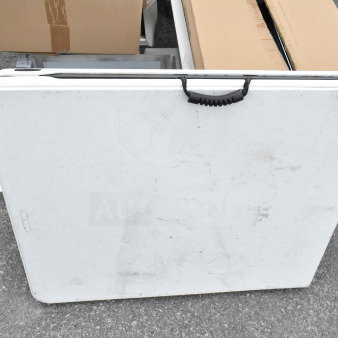 Lifetime Bi-Fold Folding Table, white, with handle; visible wear; compact and portable for easy storage.