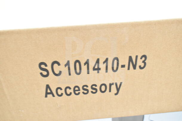 Cardboard box labeled "SC101410-N3 Accessory" for KoolMore 36" stainless steel commercial sink, new but with defects.