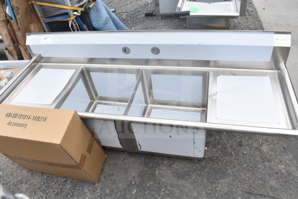 Brand new KoolMore 72" commercial sink, 16-gauge stainless, dual 18" drainboards, 18"x18"x14" bowls, scratch, and dent.