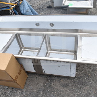 Brand new KoolMore 72" commercial sink, 16-gauge stainless, dual 18" drainboards, 18"x18"x14" bowls, scratch, and dent.