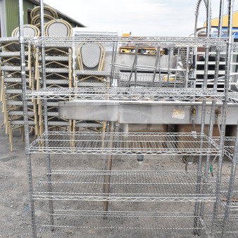 Chrome finish 5-tier wire shelving unit, dismantling required. Ideal for storing, measures approximately 72x48x18 inches.