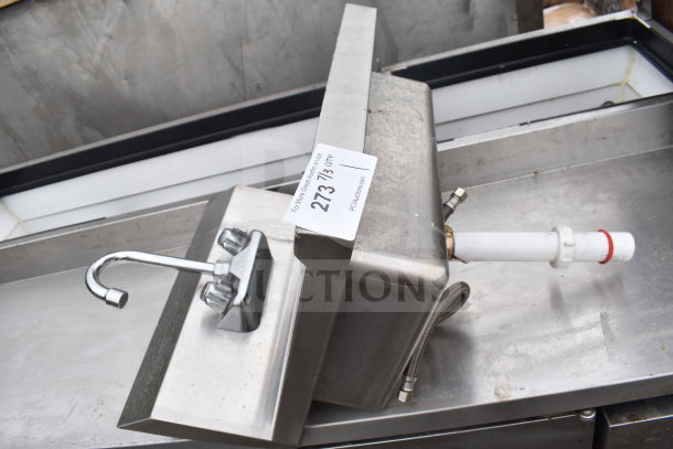 Vevor Single Bay Wall Mount Sink with faucet and piping, stainless steel, good condition, auction tag visible.