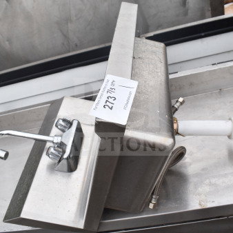 Vevor Single Bay Wall Mount Sink with faucet and piping, stainless steel, good condition, auction tag visible.
