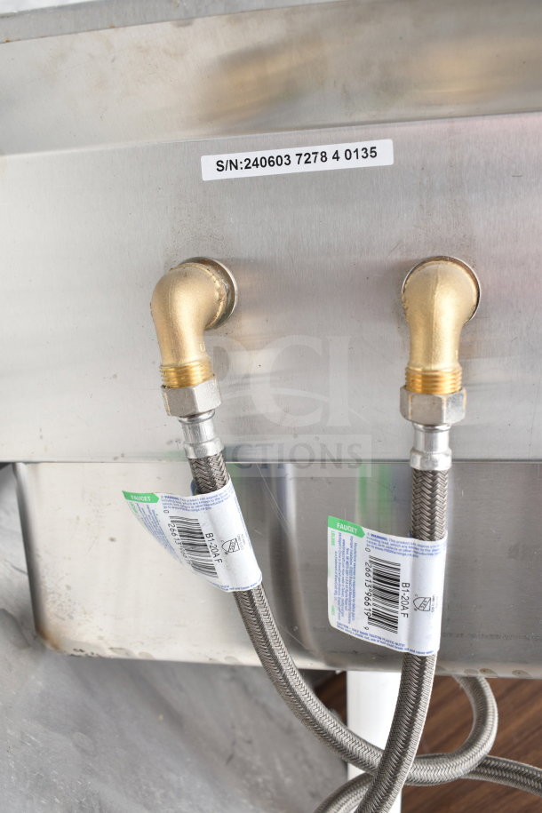 Vevor Single Bay Wall Mount Sink, stainless steel, visible plumbing with labeled hoses, serial number 240603 7278 4 0135.