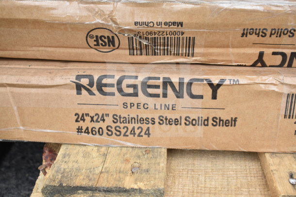 Regency 24"x24" stainless steel solid shelf, model #460SS2424, new condition, packaging shows shelf info and NSF mark.
