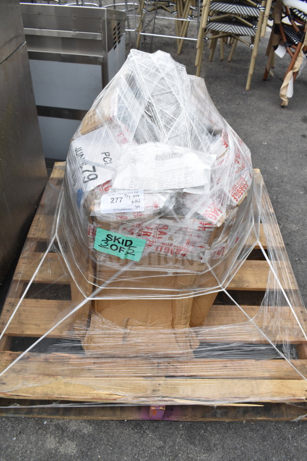 Pallet of chrome finish brackets, brand new scratch and dent, wrapped in plastic; labels indicate Skid 3 of 5.