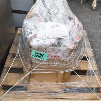 Pallet of chrome finish brackets, brand new scratch and dent, wrapped in plastic; labels indicate Skid 3 of 5.
