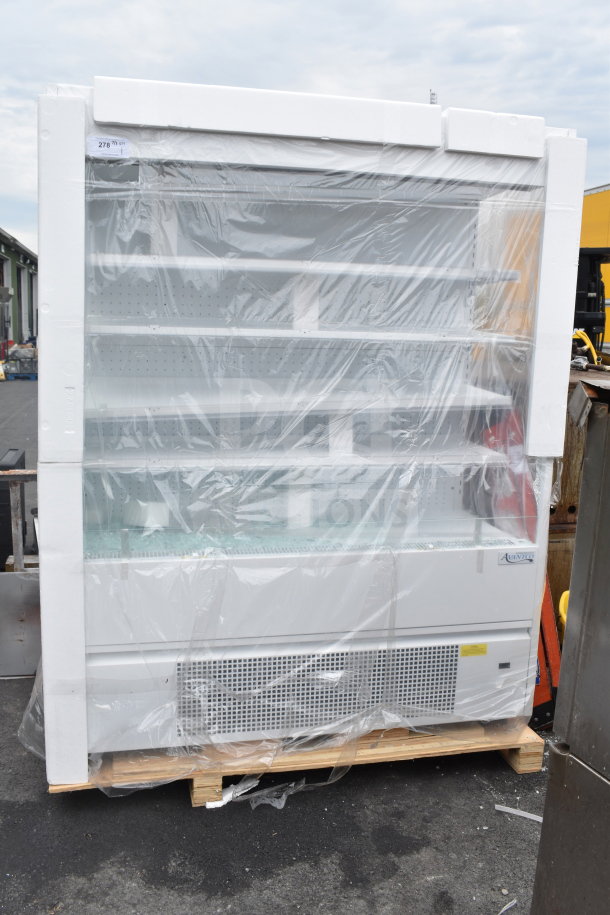 BRAND NEW Avantco 193VOA60W white open-air merchandiser with LED lighting, wrapped, has glass damage. 115V, 1 Phase.