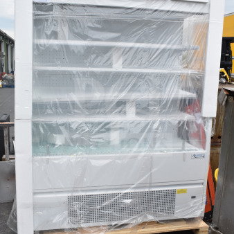 BRAND NEW Avantco 193VOA60W white open-air merchandiser with LED lighting, wrapped, has glass damage. 115V, 1 Phase.