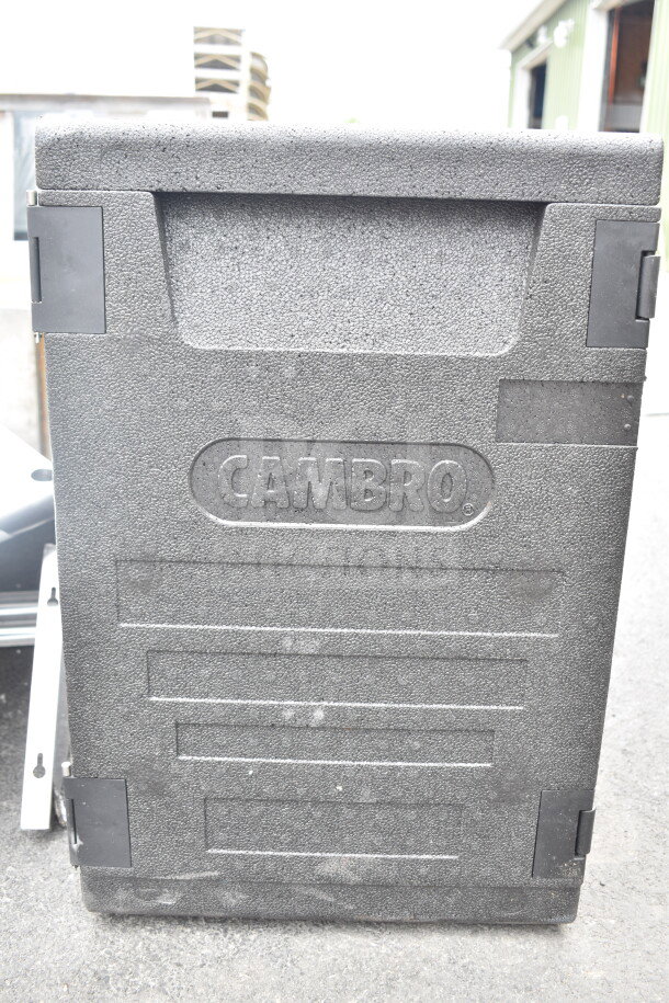 BRAND NEW Cambro black top-loading EPP insulated food pan carrier, minor scratches, strong build, embossed logo.