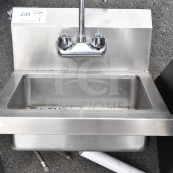 Commercial single bay wall mount sink with chrome faucet and dual handles. Stainless steel, good condition. Model 290 tag visible.