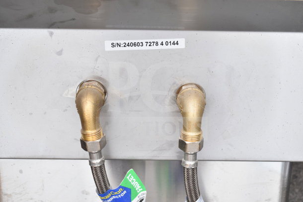 Commercial Single Bay Wall Mount Sink, brass connectors, model S/N:240603 7278 4 0144, includes faucet and handles.