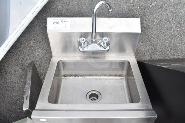 Commercial single bay wall mount sink with faucet and handles, stainless steel, moderate wear, label "290."