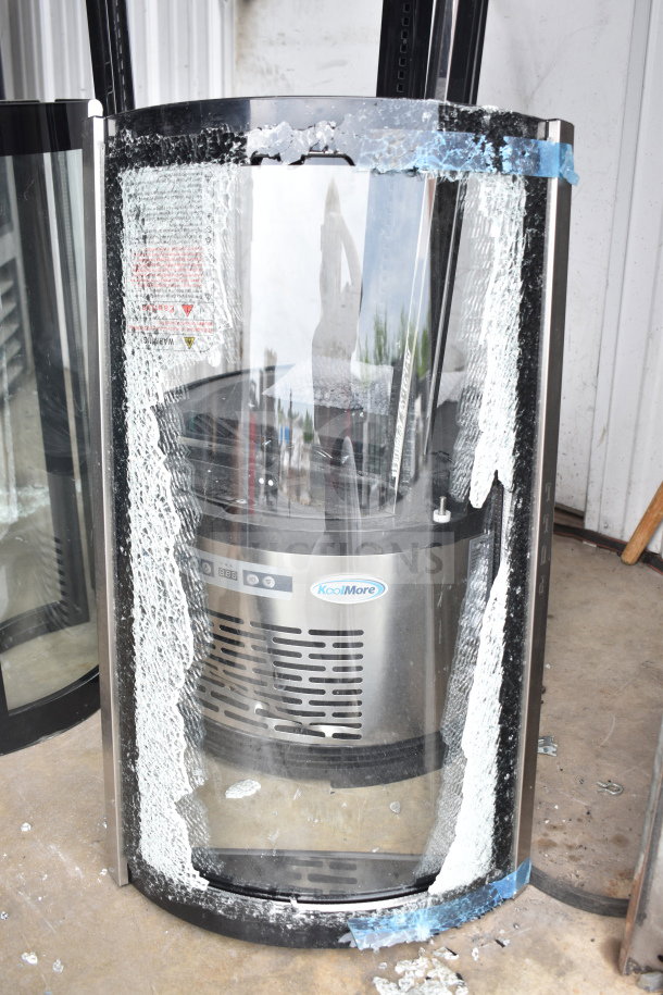 KoolMore CDUR-3C 19" refrigerated bakery display case, visible glass damage, 110-120V, 1 phase, logo on unit.