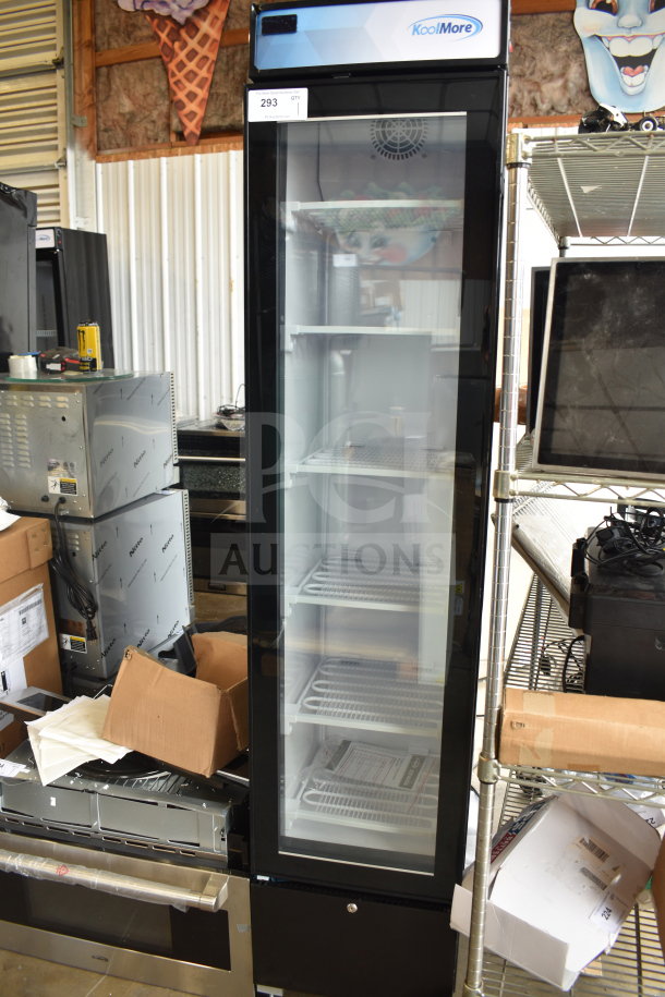 Brand new KoolMore single door reach-in merchandiser, 110-120V, scratch and dent condition, glass door, ideal for commercial display.
