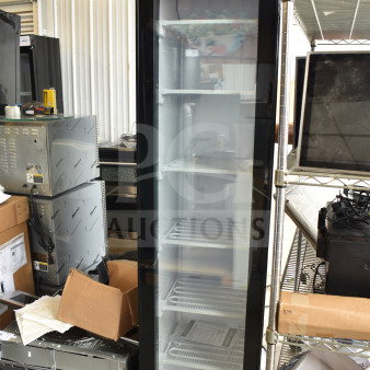 Brand new KoolMore single door reach-in merchandiser, 110-120V, scratch and dent condition, glass door, ideal for commercial display.