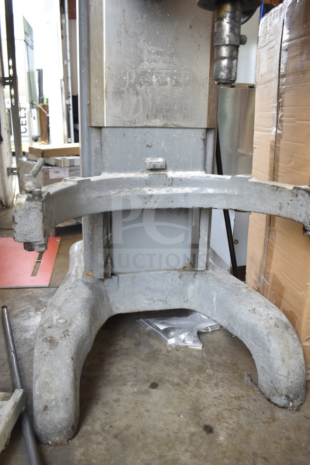 Hobart H-600 Commercial 60 Quart Dough Mixer, 230V, 1 Phase. Shows signs of wear, sturdy metal base, used condition.