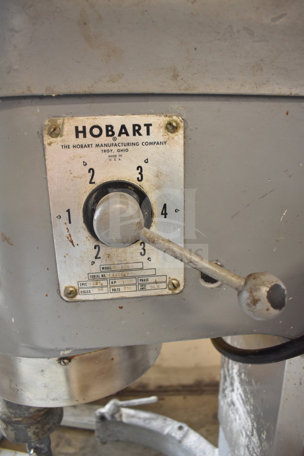 Hobart H-600 commercial 60-quart dough mixer, 230 volts, 1 phase, with speed control panel and manufacturer's label.