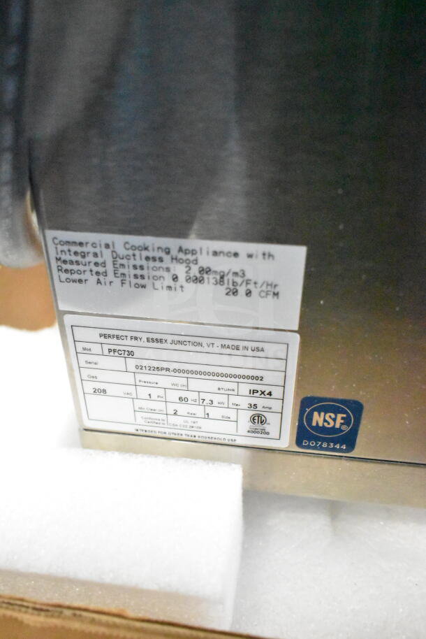 Brand new Perfect Fry PFC730 semi-automatic ventless countertop deep fryer, 208V, 1 phase. Scratch and dent condition.