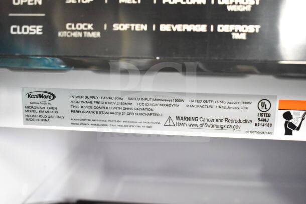 Brand new KoolMore KM-MD-1SS 24" stainless-steel microwave drawer. Model label visible. Made in China, 1.2 Cu. Ft. capacity.