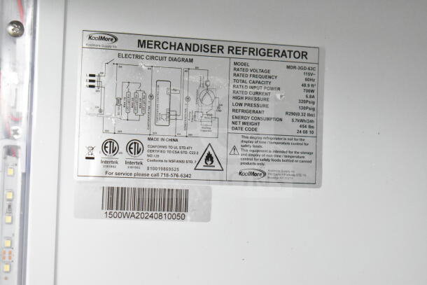 KoolMore MDR-3GD-63C 3-door commercial cooler label, features voltage, capacity details, energy consumption, and care info.