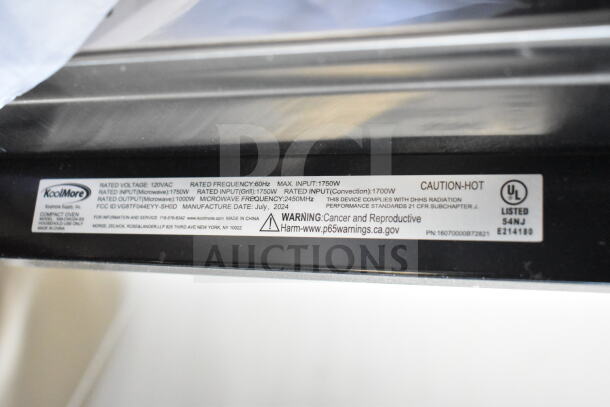 KoolMore KM-CWO24-SS convection oven label showing specifications: 120VAC, microwave 1750W, convection 1700W, glass damage noted.