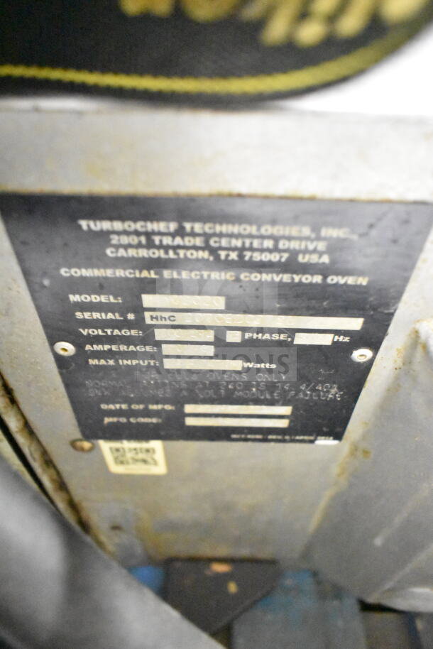 Turbochef HhC2020 commercial electric conveyor oven, 208/240V, 3-phase, details on model and serial visible on label.