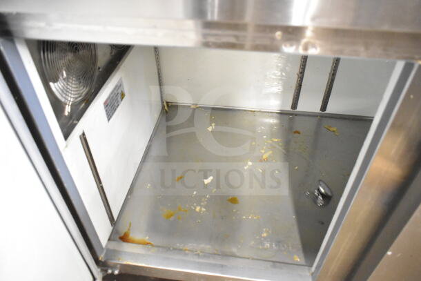 2023 Motak MPR-83-X pizza prep table, stainless steel interior, commercial casters. Visible wear on interior surface.