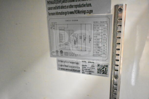 2023 Motak MPR-83-X pizza prep table label, detailing 115V power, R290 refrigerant, and specs. Model and serial numbers visible.