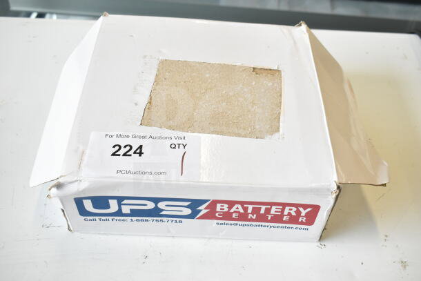 UPS TLV12180 Battery in original packaging, slight box wear. Includes auction label, item 224, from PCI Auctions.