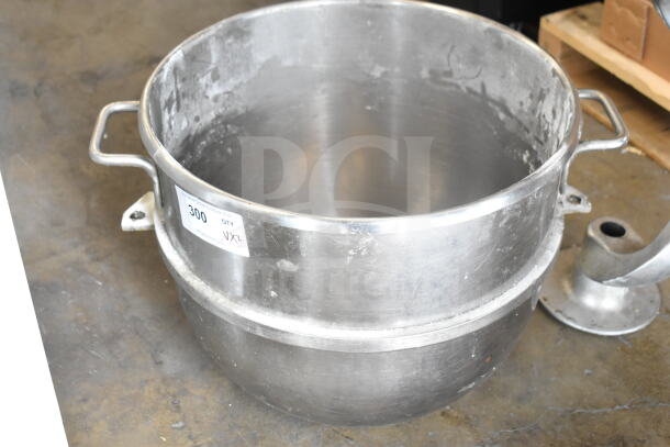 Stainless steel mixing bowl and dough hook attachment for Hobart mixer, some surface wear, auction label "300 QTY NXL".