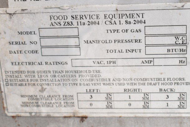 Label on commercial gas-powered single deck pizza oven showing electrical ratings and installation instructions.