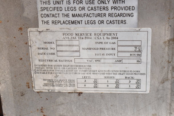 Label on commercial pizza oven showing model, serial number, date code, and specifications for gas type and electrical ratings.