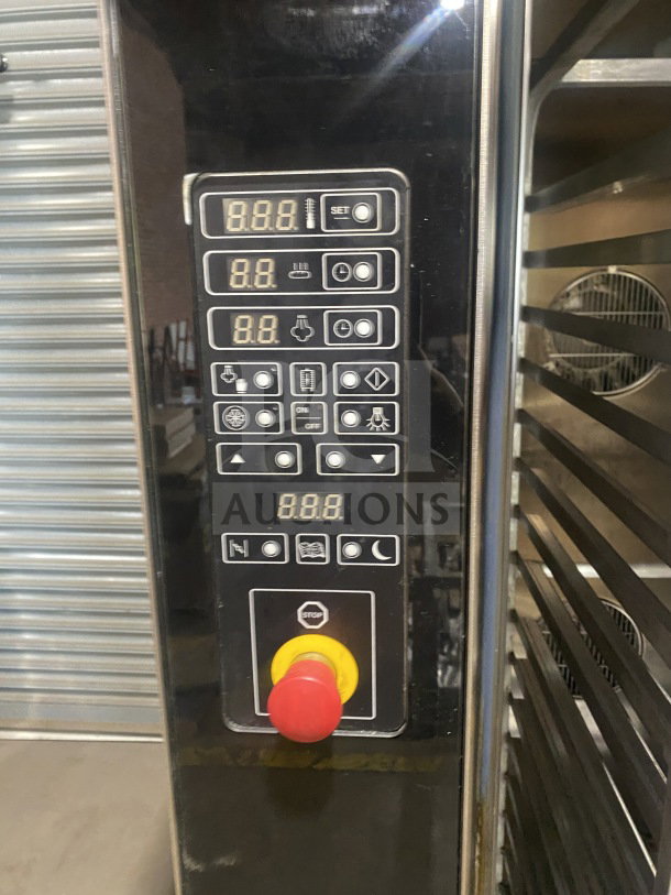 Empire Logiudice LFRСE15T5070 commercial rack oven, control panel view, 15-pan capacity, stainless steel, 220V, 3-phase.