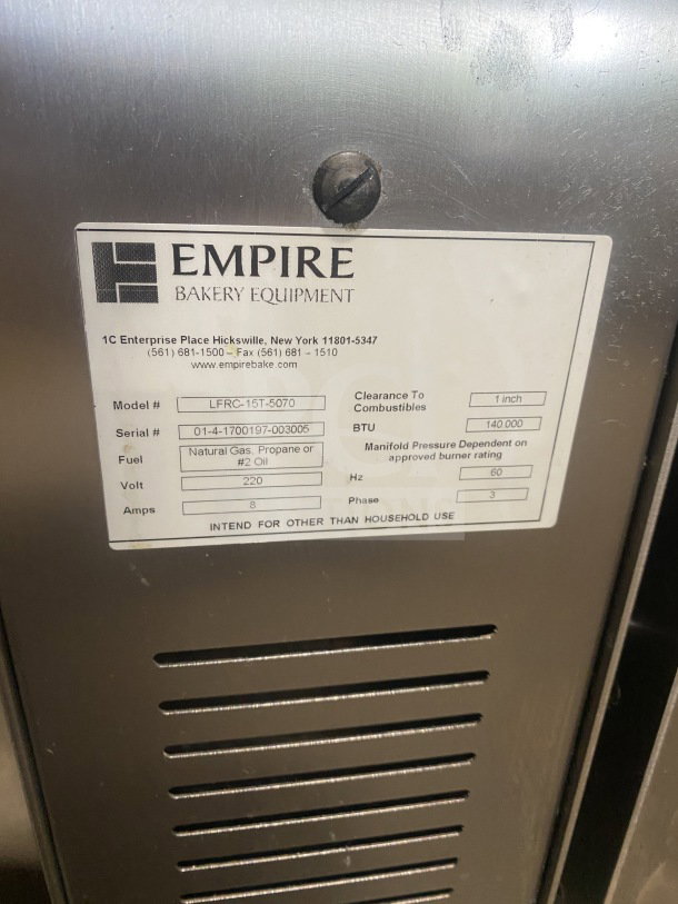 Empire Logiudice Forni Series commercial stainless steel rotating rack oven, Model LFRСE15T5070, 15 pan capacity, 220V, 3 phase, uses natural gas/propane/#2 oil, serial number 0141700197-003005.