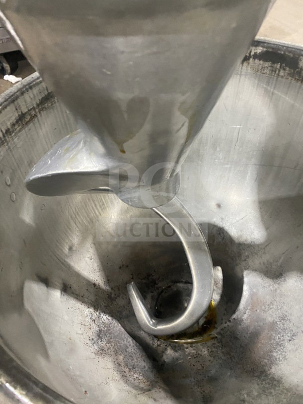 Hobart I800 commercial 80-quart mixer with stainless steel bowl, model I800, 208V, 3-phase, visible use wear.